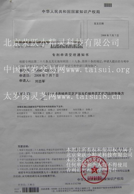 养殖太岁肉灵芝国家申请专利